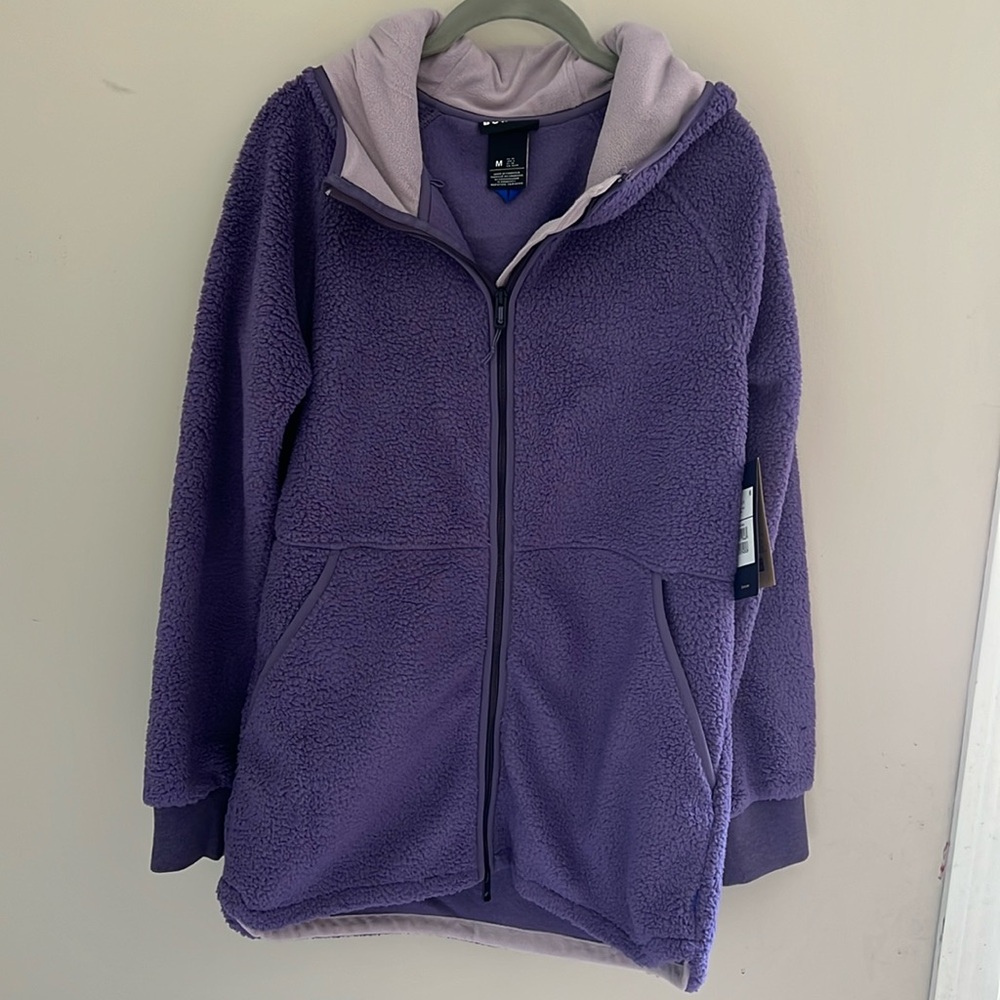 Burton purple Sherpa fleece long zip up jacket with hood size women’s medium NWT